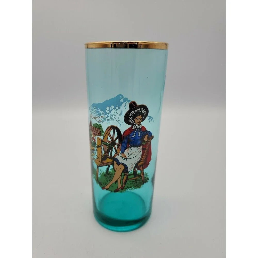 Vintage Welsh Souvenir Drinking Glass Teal Blue with Gold Trim